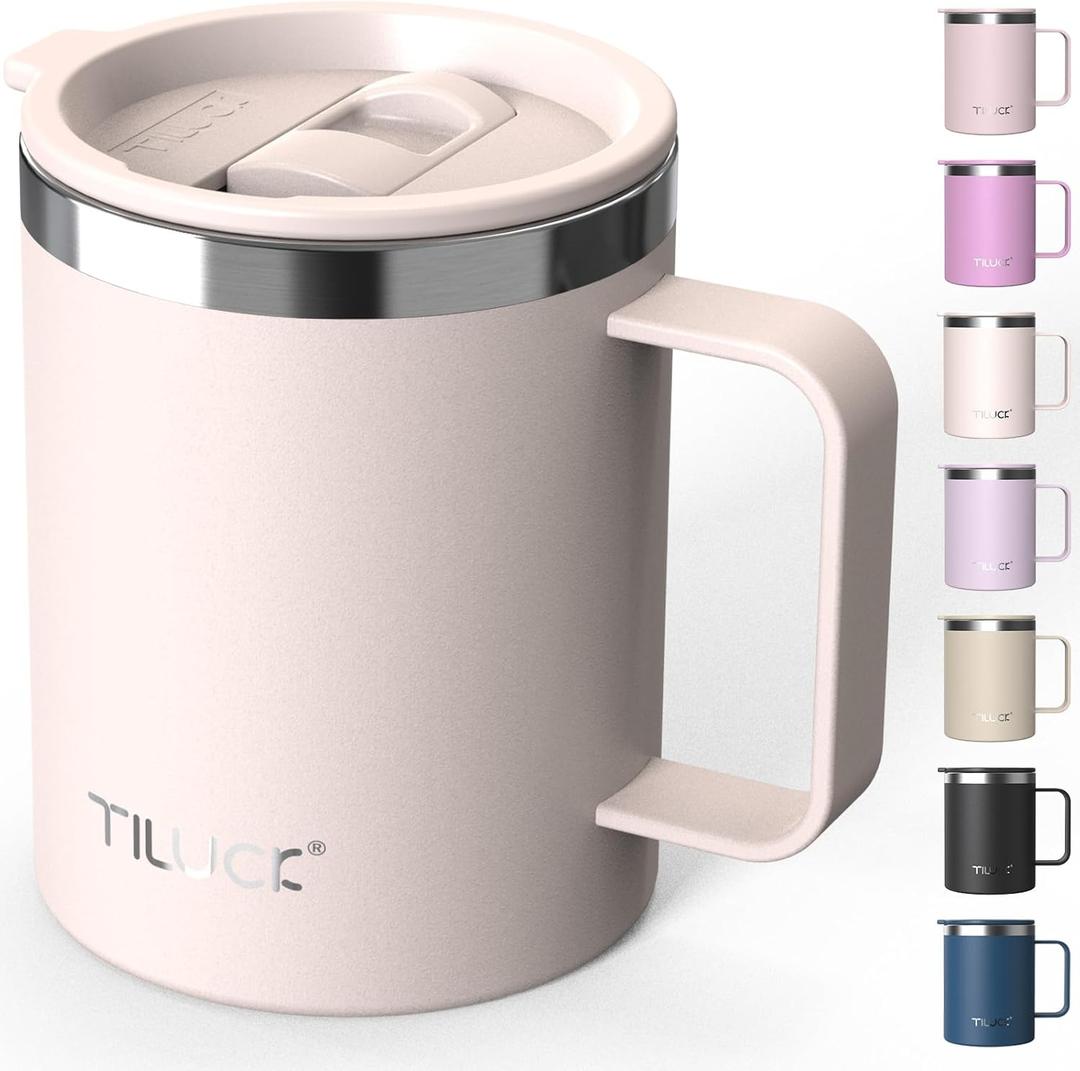 TILUCK 12 oz Insulated Coffee Mug with Lid,Stainless Steel Travel Mug Cup with Handle for Hot or Cold Drinks(SakuraPink, 12oz)