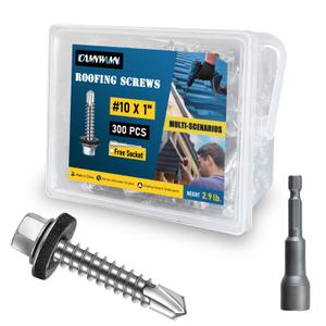 300Pcs #10 x 1 Inch Galvanized Metal Roofing Screws, Hex Head Drill Point Sheet Metal Roof Screw with Rubber Washer, EPDM Washer, with Hex Drive Bit.