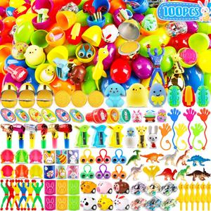 WOWSCAN [6 Golden Eggs] 100PCS Prefilled Easter Egg Fillers with Novelty Toys Inside, Easter Basket Stuffers Classroom Prizes Supplies Egg Hunt Party Favors for Kids Toddlers Boys Girls