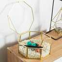 Glass Vintage Jewelry Box, Octagon Gold Display Organizer, Vanity Lidded Home Decor Accent for Storage Trinket Rings Bracelet - Big
