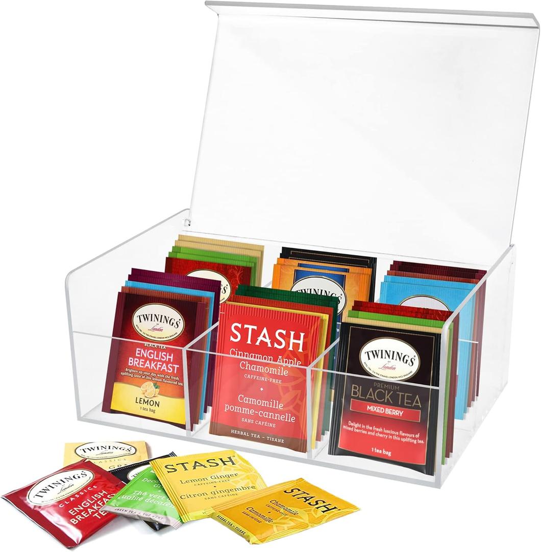 RoyalHouse Acrylic Tea Bag Holder Storage Organizer, 6 Compartment BPA Free Clear Plastic Tea Box with Lid, Multi-Purpose storage Box for Tea Bags, Office Supplies, Crafts, and Small Items. (Pack of 2)