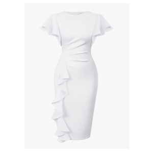 Memoriesea Women's Vintage Church Ruffle Sleeve Ruched Bodycon Work Midi Pencil Dress, Size L