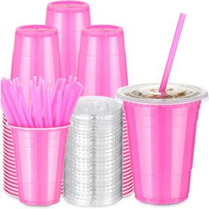 LemonRoad 50 Set 16 oz Pink Plastic Cups with Lids and Straws for Party (EXP 10/23/26)