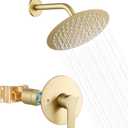 Shower 8 Inch Head and Handle Set Round Shower Faucet Set Bathroom Rainfall Shower System Stainless Steel Showerhead Single Function Shower Trim Kit, Female Thread Valve, Brushed Gold