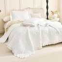 Masaca White Ruffled Oversized King Bedspread 128"x120",Stone-Washed Microfiber Shabby Farmhouse King Quilt Bedding Set Oversized,3Pcs Lightweight Crinkled Extra Large Boho Bedspread & Coverlet Sets