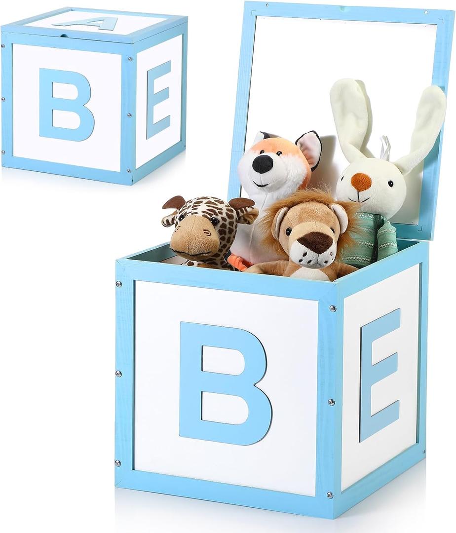 Chunful Wood Baby Shower Box Abc Display Box for Party Decorations with Alphabet Letters Personalized Shower Gifts Basket Party Blocks Backdrop for Boys and Girls(Blue,White)
