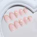 Almond Press on Nails Short Fake Nails French Tip False Nails with Flower Design Gold Line Glue on Nails Giltter Stick on Nails Glossy Acrylic Nails for Women Manicure 24Pcs