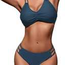 Zilcremo Women Two Piece Bikini Double Strap Swimsuits Hollow Out Bathing Suit Mid Waist Bikini Sets (Large, Insignia Blue)