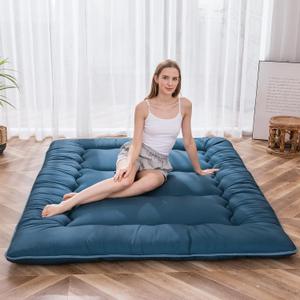 MAXYOYO Japanese Floor Mattress Futon Mattress, Thicken Sleeping Pad Foldable Roll Up Floor Futon for Adults Tatami Mat Dormitory Lounger, Bluestone, Full Size