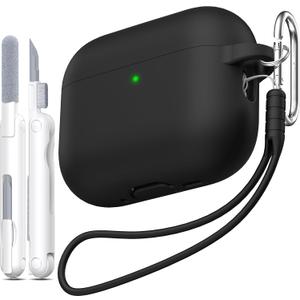 for AirPods Pro 3 Case 2025, Military Grade Soft Silicone Shock-Absorbing for AirPods Pro 3rd Generation (USB-C Cable) with Lanyard and Cleaning Kit,Front LED Visible, Black