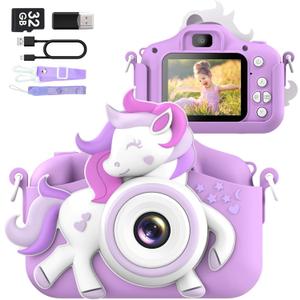 Kids Camera for 3-8 Years Old Toddlers Childrens Boys Girls Selfie Camera 20 MP HD 1080P IPS Screen Dual Digital Toy Camera for Kids Christmas Birthday Gifts with 32Gb Card (White Purple-Unicarn)