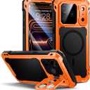 Lanhiem for iPhone 17 Pro Max Metal Case with Kickstand, Compatible with MagSafe, Built in Tempered Glass Screen Protector, Heavy Duty Shockproof Rugged Full Body Tough Phone Cover 6.9" (Orange)