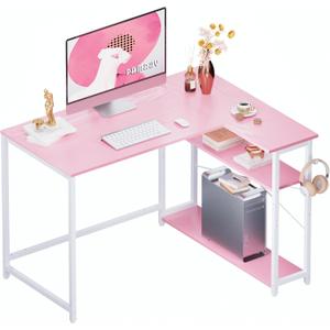 Pamray 43 Inch L Shaped Computer Desk with Reversible Side Storage Shelves, Small Corner Desk for Small Space Home Office,Writing Study Table PC Desk for Bedroom,Pink with White Leg