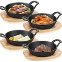 Sliner 4 Sets Mini Cast Iron Skillet Small Cast Iron Plates Skillet with Wooden Base Small Round Pan Fajita Plate Pot for Baking Cooking(6.3 Inches)