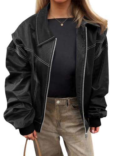 Tankaneo Womens Oversized Leather Bomber Jackets Cap Sleeve Zip Up Motorcycle Coats with Pockets M Tankaneo Womens Oversized Leather Bomber Jackets Cap Sleeve Zip Up Motorcycle Coats with Pockets M