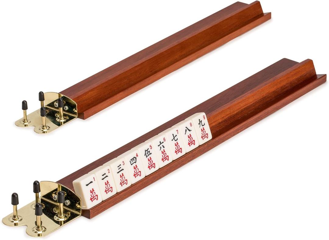 Yellow Mountain Imports Wooden Mahjong Racks, 18 Inches - Set of 4 Mahogany Color Racks - Includes Brass Ends for Attaching Pushers and Stacking Scoring Coins (Racks Only Set), 18.5"L x 5.3"W x 2.6"H