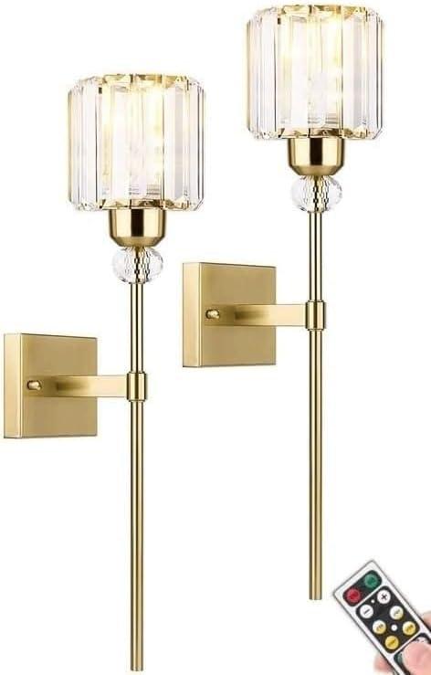 Modern Gold Wall Sconces Lighting Battery Operated Set of 2,No Wiring Rechargeable Wall Lights Fixture with Wireless Remote,Clear Glass Long Wall Lamp for Bedroom Bathroom Living Room Vanity Light