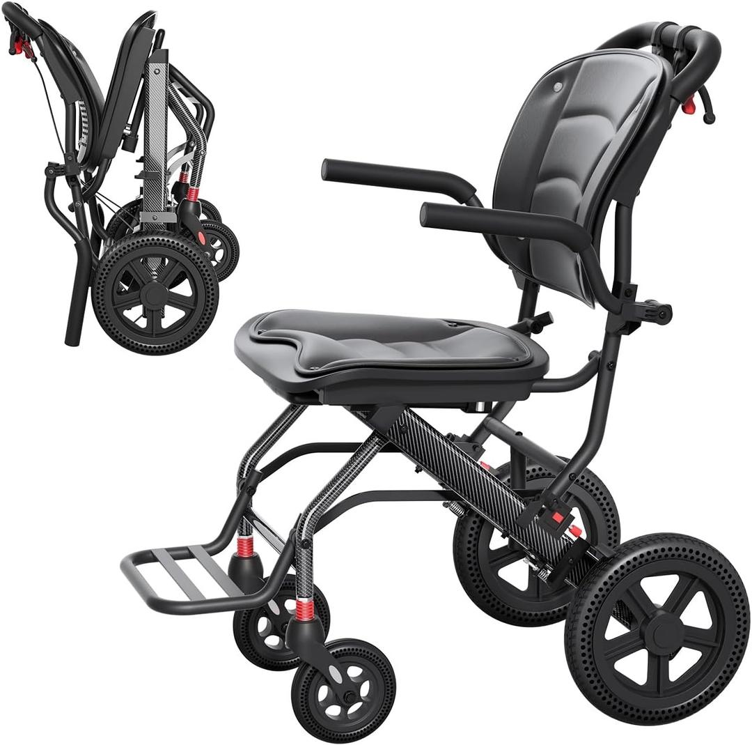 24LBS Lightweight Foldable Transport Wheelchair for Adults & Seniors Portable Aluminum Travel Chair with Handbrake 9" Honeycomb Tires Compact Wheelchair Holds 220 LBS, Black, 15.6" Seat Width