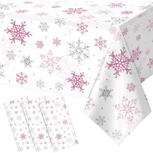 3 Pcs Christmas Snowflake Party Tablecloths Decorations,Plastic Pink Winter Onederland Rectangle Table Cover for Christmas New Year Girls 1st Birthday Baby Shower Holiday Party Decorations,54x108 inch