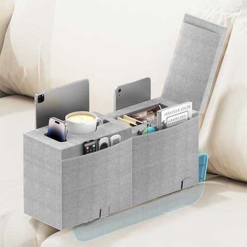 Sofa Armrest Pillow with Cup Holder, Large Removable Couch Armrest Cushion Tray Drink Holder Caddy with 4 Side Pockets for Remote, Glasses, Phone, Game Controller, iPad and Magazines - 9.45in Height