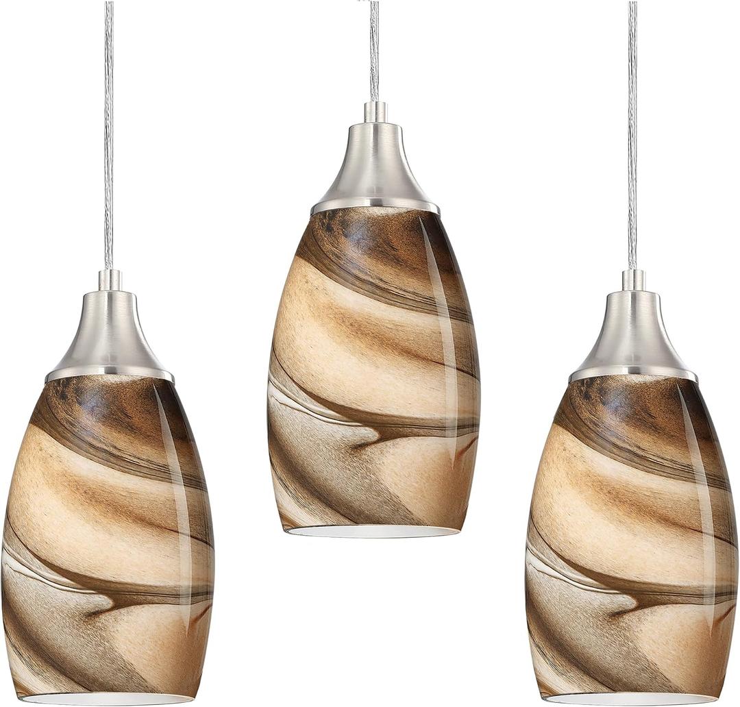Karyfine Mini Pendant Lights Kitchen Island Light Brown Glass Lamp Shade Hand Blown Glass Pendant Light with Brush Nickel Finish Adjustable Cord for Kitchen Over Sink, Dining Room (Light Brown-3P)