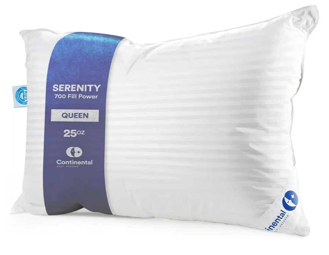 Continental Bedding Serenity Collection 700 Fill Power Goose Down Pillow - Low, Medium, Extra Loft - RDS Certified Down - Oeko-TEX 400TC Cotton Shell