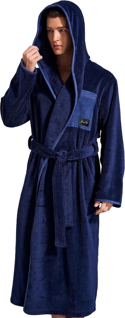 SlumberMee Mens Fleece Plush Robe with Hood Ultra Soft Fluffy Full Length Long with Pockets Luxurious House Coat (Large, Coral Fleece - Dark Blue)