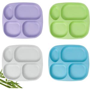 shopwithgreen Bamboo Divided Plates for Kids Adults - Dinnerware Set for Toddlers Kids Children Baby, Toddler Dinner Plates, BPA Free, Stackable, Dishwasher Safe, 9.4 inch, Set of 4 (Ocean)