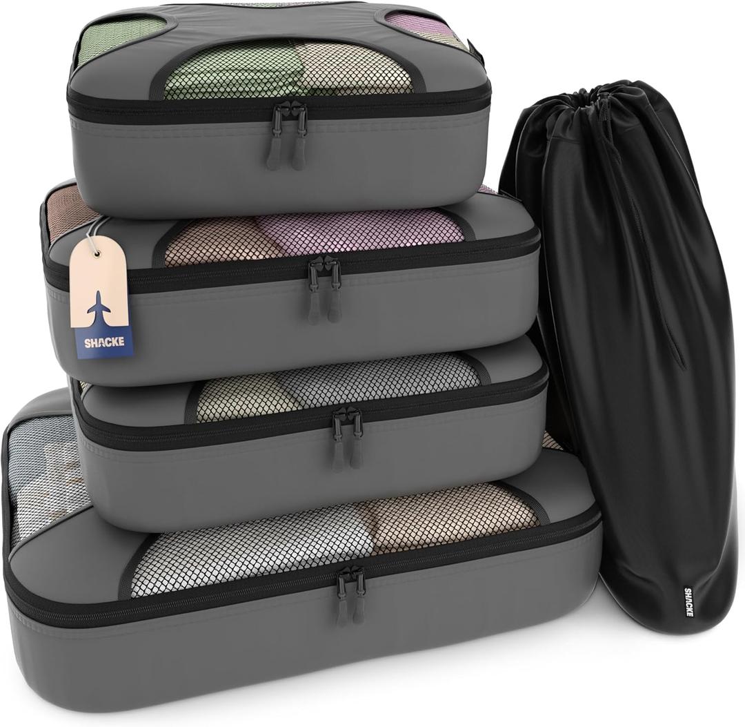 Shacke Premium 5 Packing Cubes Set - Lightweight Mesh Travel Luggage Organizers with Laundry Bag, 5-Piece Suitcase Storage System (Dark Grey) (Set of 5, 5 Set - Dark Grey)