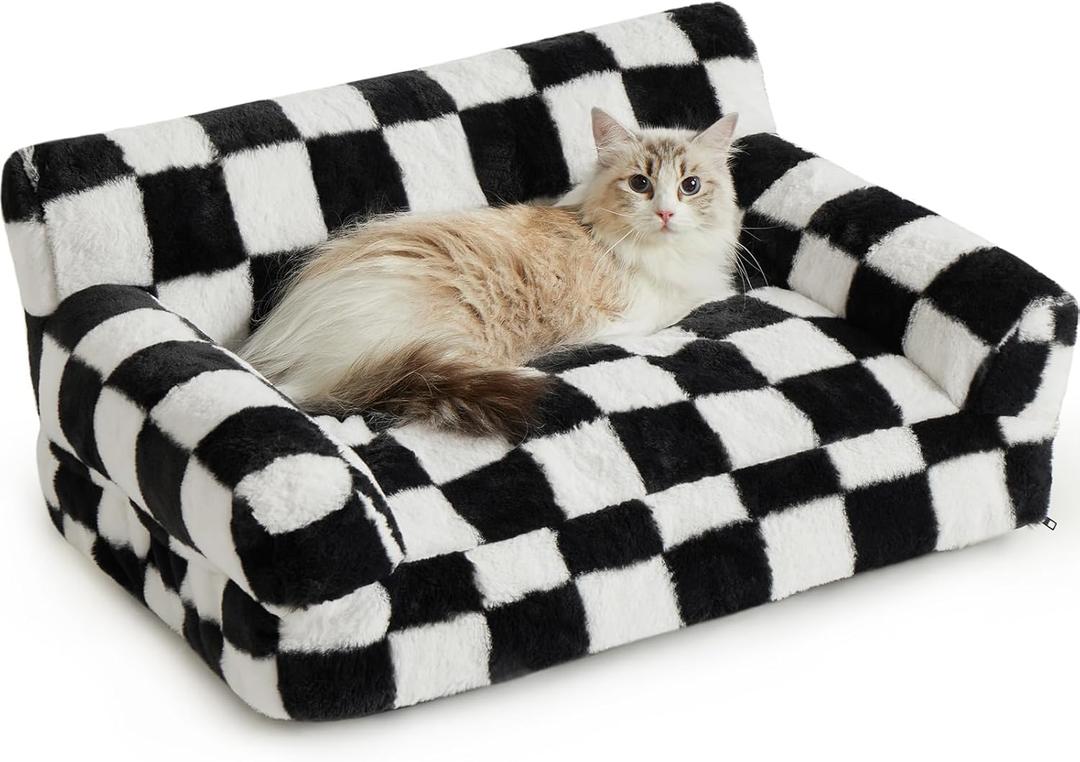 BFPETHOME Cat Couch & Dog Couch Bed, Pet Sofa for Small Pet, Cute Cat Sofa, Checkered Dog Bed with Washable Cover (Black&White) (26.0"L x 19.0"W x 13"Th)