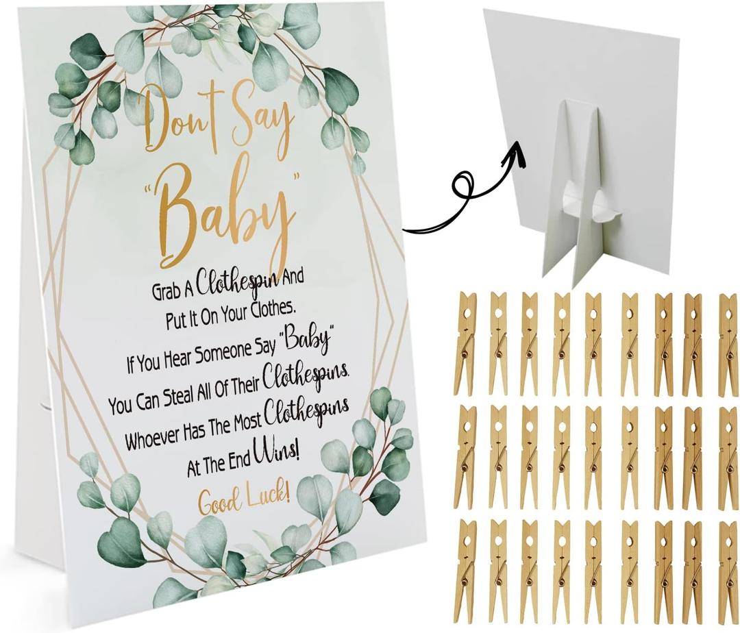 Don't Say Baby Game, One 8x11 Sign Equipped Standing Rack, 50 Mini Clothespins, Baby Shower Games, Gender Reveal Games, Baby Shower Decoration, Gender Neutral, NB004