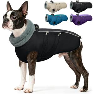 IDOMIK Warm Dog Coat with Harness, Waterproof Reflective Dog Jackets for Dogs, Fleece High Collar Winter Jacket with Zipper, Pet Winter Snowsuit Clothes for Cold Weather,Black S (S(Neck Girth:12.6"))