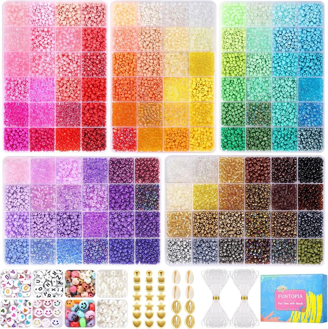 Funtopia 4mm 13000pcs+ Seed Beads for Jewelry Making, 120 Colors Small Glass Beads for Bracelets, Friendship Bracelet Kit with Alphabet Letter Beads Smile Face Beads for DIY, Art and Craft