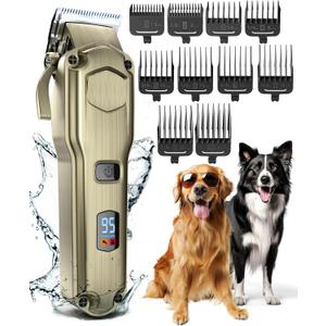 Oneisall Dog Clippers for Grooming for Thick Heavy Coats/Low Noise Rechargeable Cordless Pet Shaver with Stainless Steel Blade/Waterproof Dog Shaver for Dogs Pets and Animals (Gold)