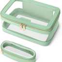 Travel Clear Makeup Bag with Makeup Brush Bag, Leather Makeup Case Toiletry Bag, Portable Cosmetic Bag Case, Transparent Waterproof Cosmetic Organizer Storage Bag for Women, Mint Green