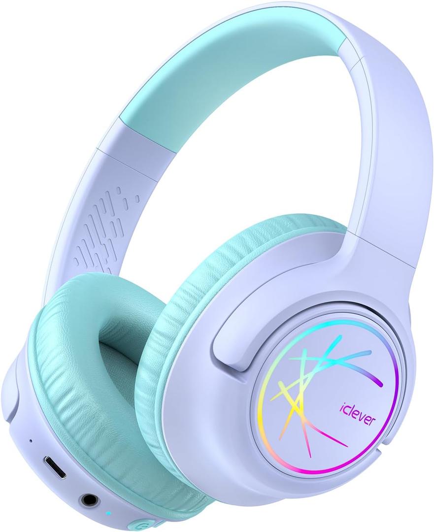 iClever Kids Bluetooth Headphones with LED Lights, BTH18 Safe Volume 74/85dBA, 43H Playtime, Bluetooth5.3 Kids Headphones Wireless Aux Cord for iPad/Tablet/Travel/School, Purple