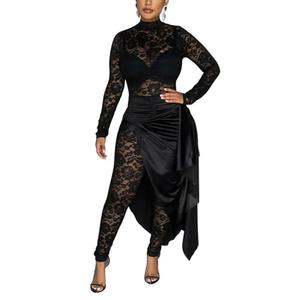 YOUFE Women's Lace See Through Jumpsuit Bodycon Sexy Club Outfits Long Sleeve Pleated High Split Midi Skirt One Piece Set, Medium