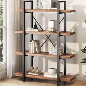HSH Industrial 4 Tier Solid Wood Bookcase, Real Natural 4 Shelf Rustic Wooden and Metal Bookshelf, Farmhouse Open Vintage Etagere Book Shelf for Office Living Room Bedroom Storage, Distressed Brown