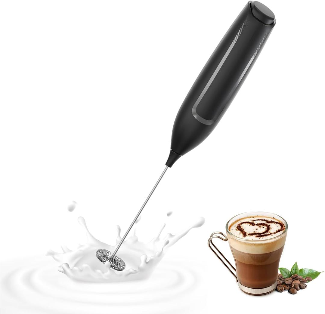 Electric Milk Frother for Matcha and Coffee, Handheld Battery Operated Drink Mixer with Stand, Stainless Steel Whisk, Black