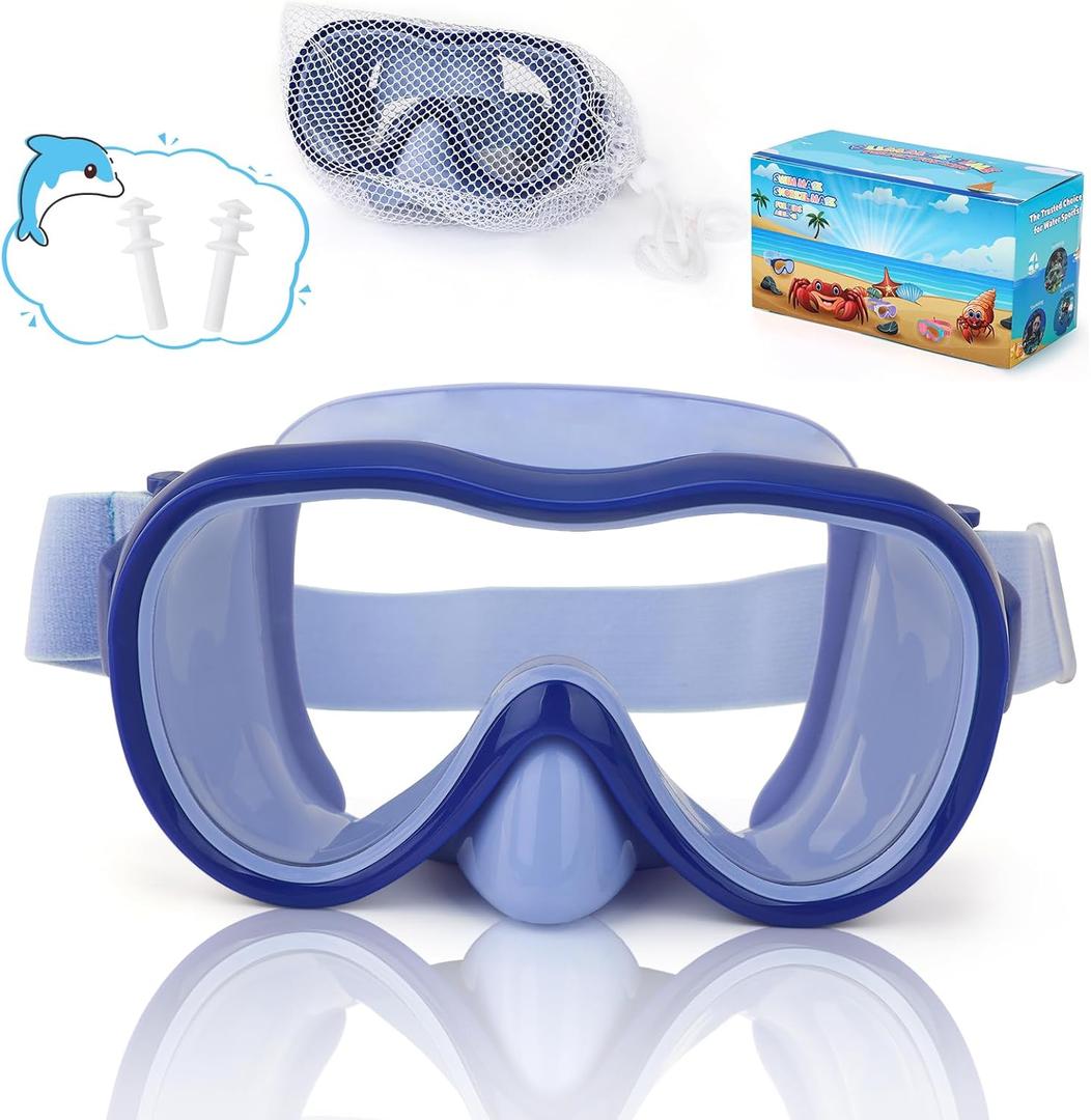 Kids Swim Goggles, Snorkel Mask Diving Mask Swimming Goggles with Nose Cover and Wide Elastic Straps Cover with Mesh Bag & Ear Plugs