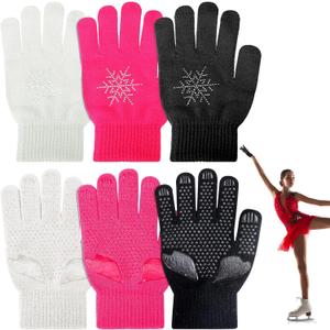 Jiuguva 3 Pairs Ice Skating Gloves Figure Skating Accessories Gloves with Snowflake Rhinestone for Kid Girl (Black, White, Pink)