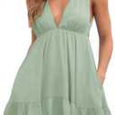 Febriajuce Womens Summer Mini Dress Loose Ruffle Deep V-Neck Backless Strap Solid Casual Short Dresses with Pockets (Medium, Light Green)