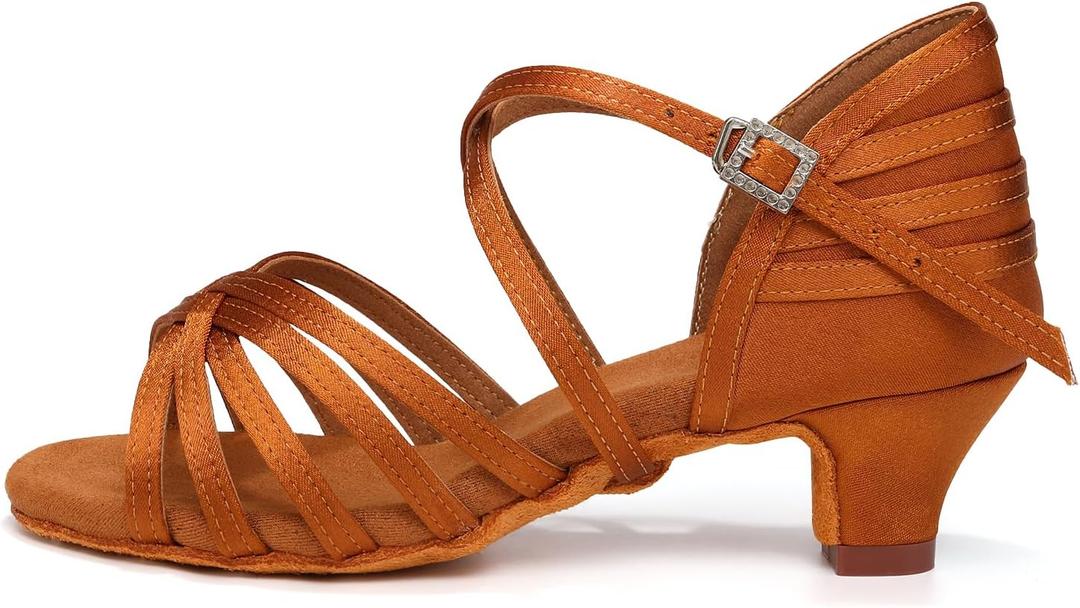AOQUNFS Girls Latin Dance Shoes Low Heels Tango Salsa Ballroom Practice Performance Dancing Shoes (11.5 Little Kid, Brown-4.5cm Heel)