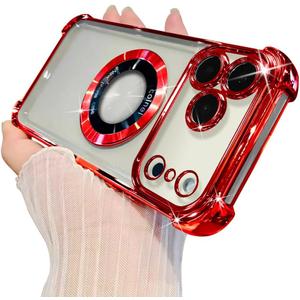 Eiyikof for iPhone 17 Pro Case Magnetic Transparent Case,Luxury Bling Four Corners Shockproof Military-Grade Protection with Camera Lens Protector MagSafe Clear Plating Cover for Women Men-Red