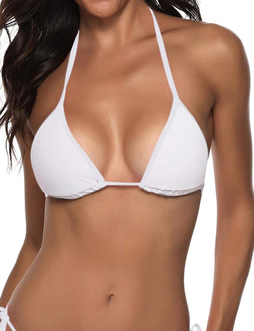Suvimuga Women's Triangle Bikini Top Push up Padded Halter String Bathing Suits Top (Large, White)