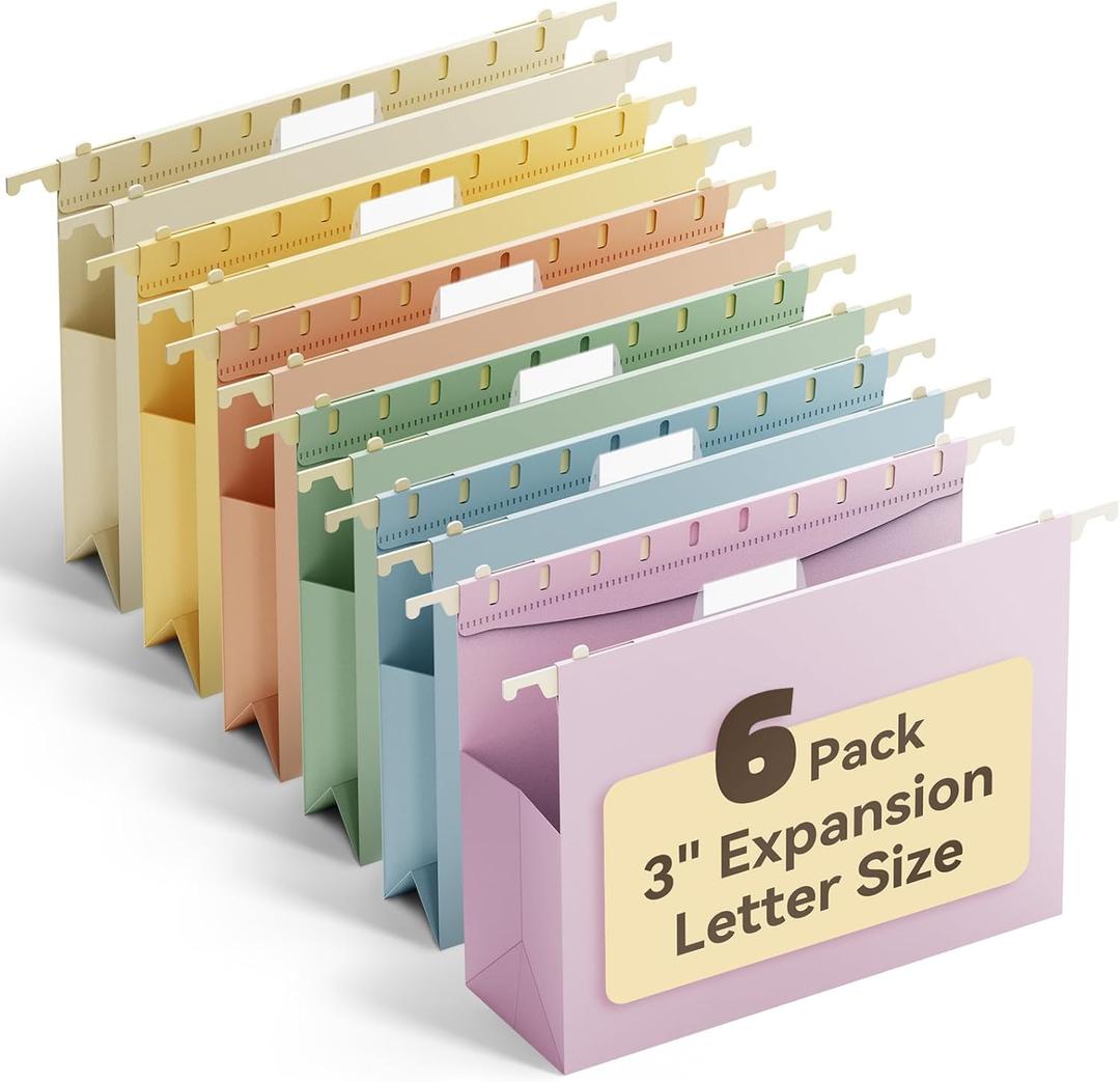 Ansook Letter Size Hanging File Folders Extra Capacity, Heavy Duty 3" File Folders Hanging with Tabs,6 Pack Expanding Filing Cabinet Folders, File Frame Hanging File Organizer, Plastic File Box folders