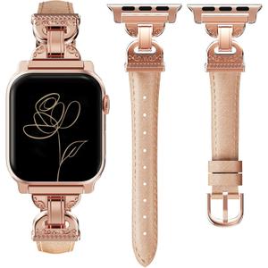 Slim Leather Band Compatible with Apple Watch Bands Women 38/40/41/42mm Dressy Slim Leather Strap with Designer Interlock Buckle Bracelet for iWatch Series 10/9/SE/8/7/6/5/4/3/2/1 Rose Gold
