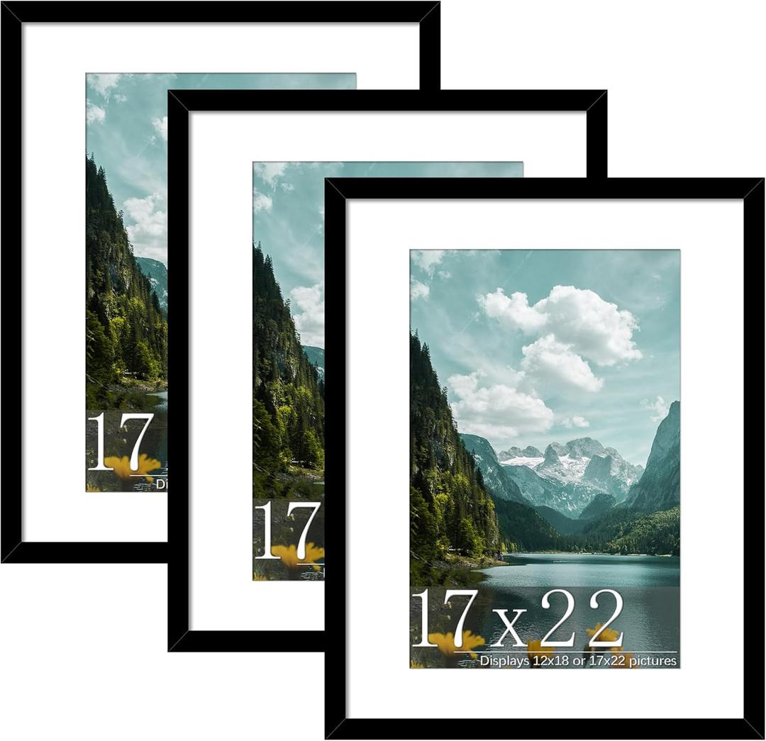 Picrit 17x22 Picture Frame 3 Pack, Black Poster Frame, Display Poster 12 x 18 with Mat or 17 x 22 without Mat for Horizontal or Vertical Wall Mounting