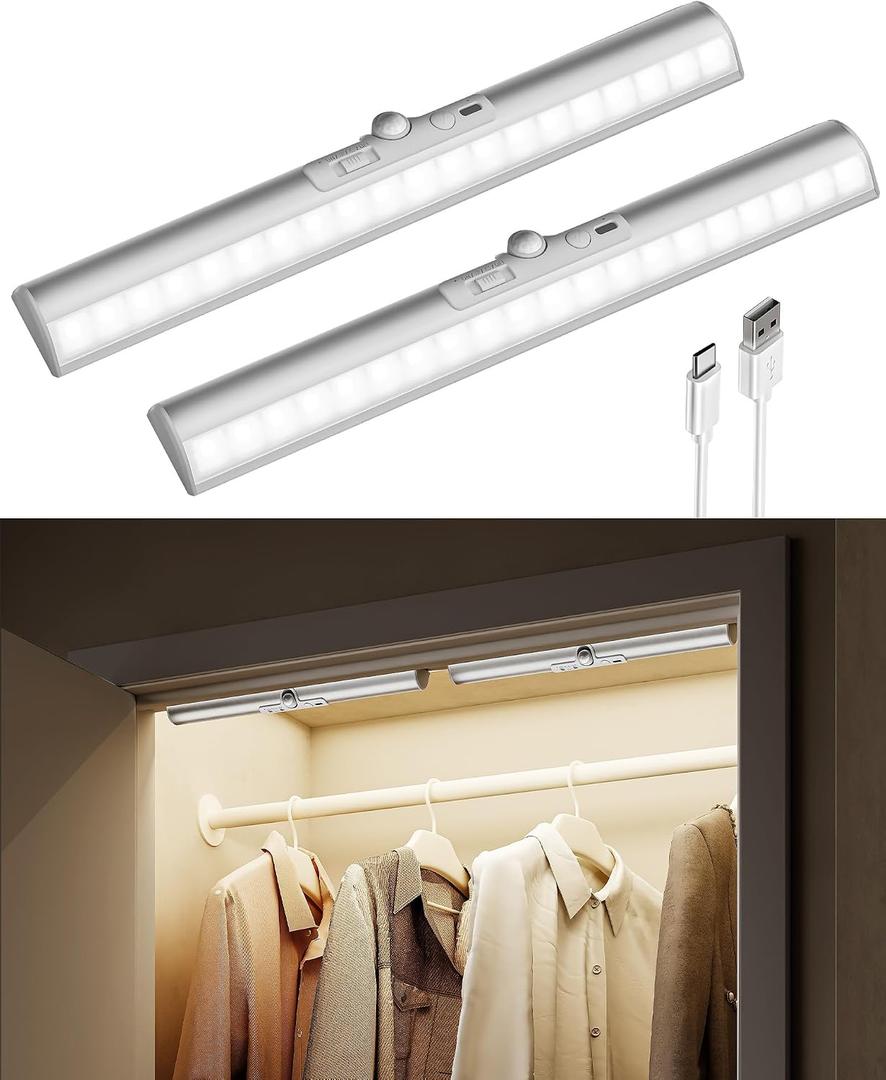 EZVALO 13-inch Motion Sensor Closet Lights, 2 Pack Rechargeable LED Lights with Rotatable Sensor, Glare-Free, 3 Color Temps & Dimmable, Magnetic Cabinet Lighting for Closet, Pantry, Stairs
