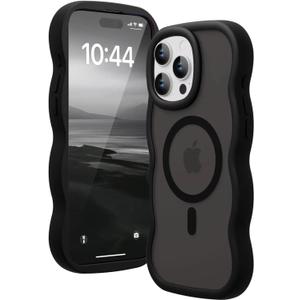 for iPhone 16 Pro Case for Magsafe Wavy Frame Cute, Black | Aesthetic Translucent Matte Hard Back Silicone Bumper Shockproof Protective Magnetic Chic Girly Phone Case for Women Girls